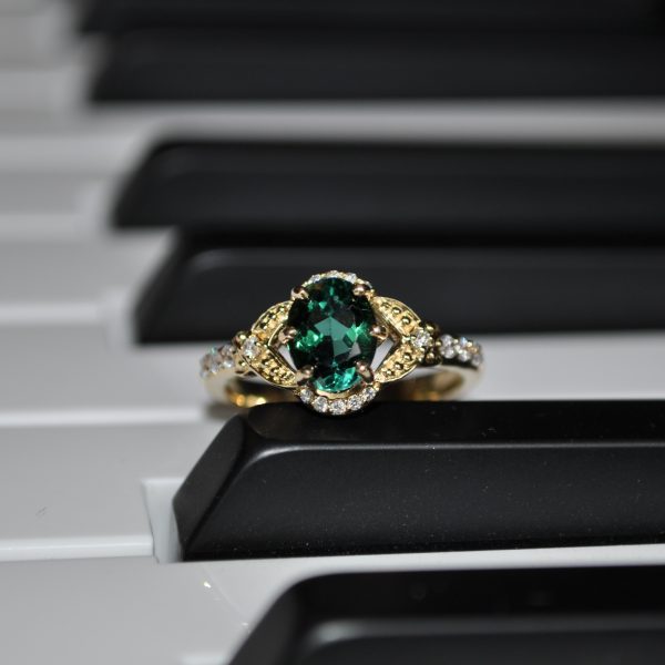 Green Tourmaline Prong set Ring in 14KY with Diamond Accents