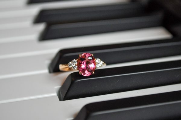 Three Dories Pink Tourmaline Ring with Diamonds in 18KR