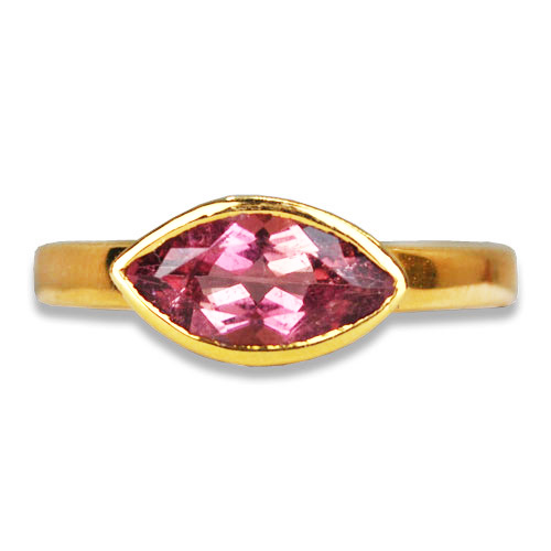 1.18ct Pink Maine marquise cut tourmaline bezel set in 14K yellow gold ring, set east to west.