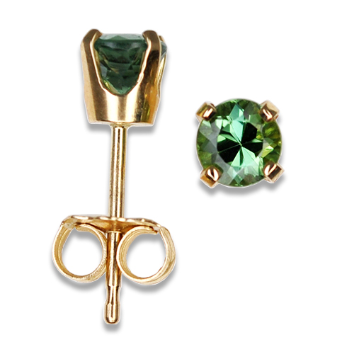 0.60cttw Bright Green Maine Tourmaline studs set in 14K yellow gold prong mounting.