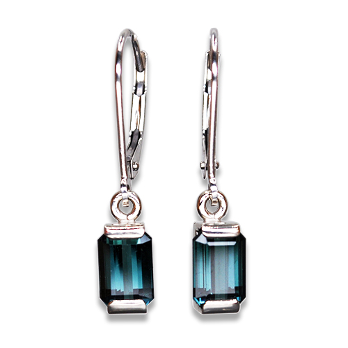 Emerald cut Blue Tourmaline Bar set Earrings in 14KW