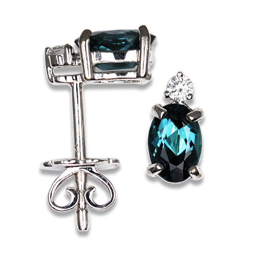 Oval Indicolite Blue Tourmaline Studs with Diamond Accent 14KW