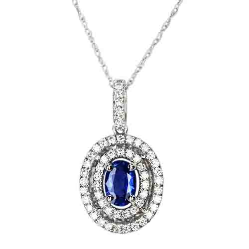 Oval Sapphire and Double Diamond Halo Pendant set in 14KW